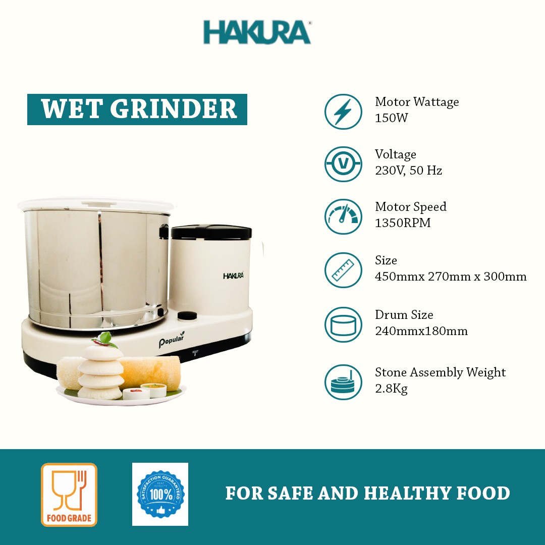 HAKURA Table Top Wet Grinder 2L Coconut Scrapper and Atta Kneader Attachment | 220-240V Wet Grinder  (White)