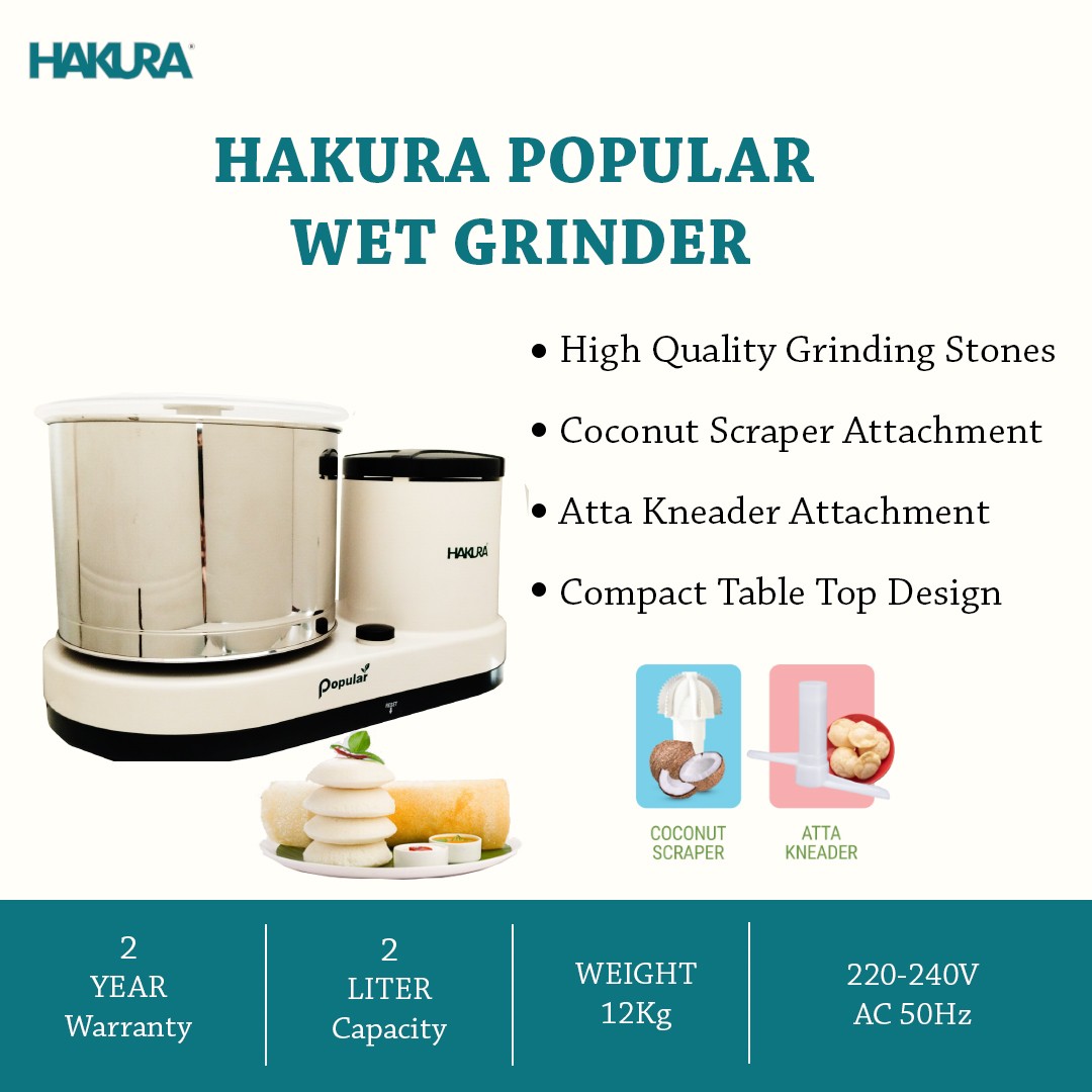 HAKURA Table Top Wet Grinder 2L Coconut Scrapper and Atta Kneader Attachment | 220-240V Wet Grinder  (White)